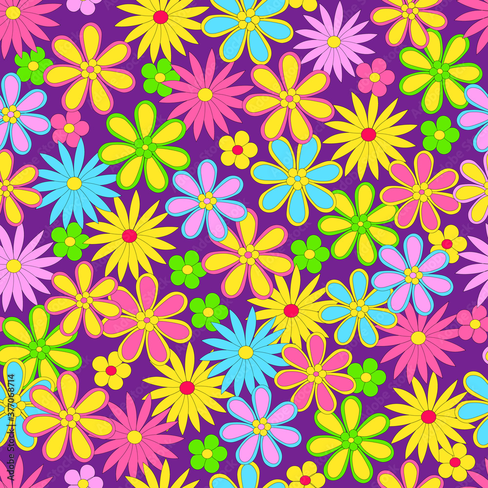 Seamless, pattern  of colorful flower on a lilac  background, vector illustration