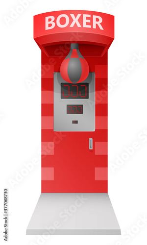classic carnival fair arcade red electronic punching boxer strength tester strongman game attraction machine isolated on white background. 3d realistic vector illustration