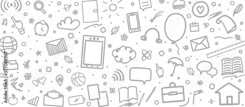 Abstract pattern with school supplies. Back to school. Black and white illustration. Education concept