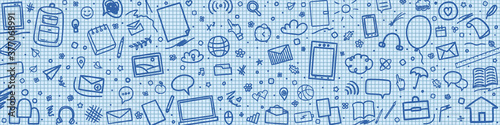 Back to school. Grid pattern with school supplies. Graphic paper background. Checkered texture