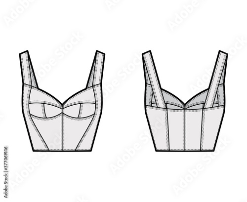 Bustier top technical fashion illustration with corset-style silhouette, molded cups, close fit, back zip fastening. Flat apparel template front, back, grey color. Women men unisex shirt CAD mockup