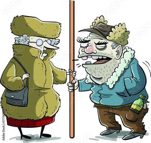 Two warm clothed people riding the train, bus or subway