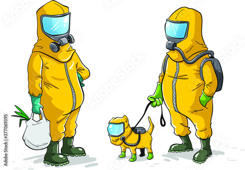 Two people in biohazzard suits going outside shopping and walking the dog during the covid19 pandemic  photo