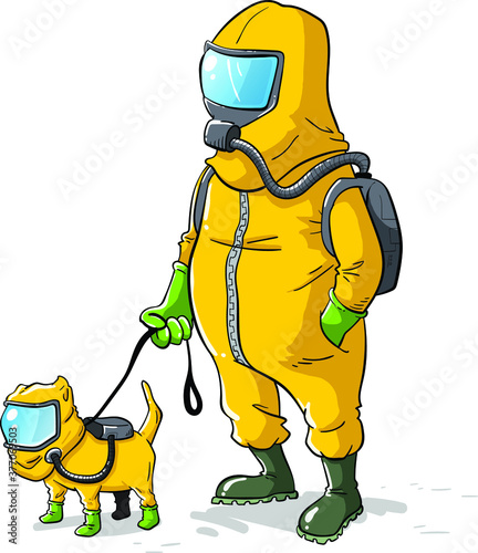 Pandemic biohazzard suit walking the dog