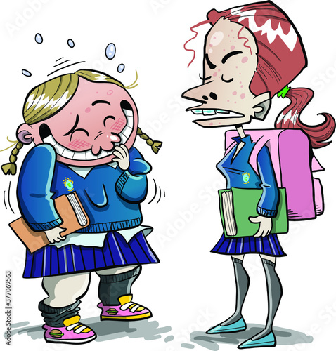 Two school girls talking and laughing