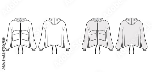 Zip-up hooded paneled track jacket technical fashion illustration with utility flap pockets, oversized, long sleeves, drawcord hem. Flat coat template front, back white, grey color. Women, men top CAD