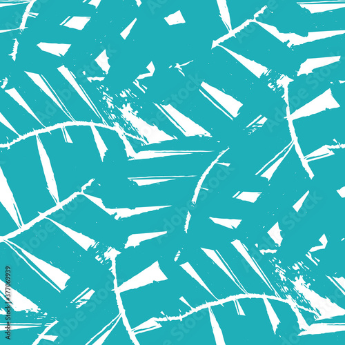 Abstract mono print style aqua blue tropical leaves seamless vector pattern background. Texture backdrop with overlapping layered cut out foliage. Painterly botanical all over print for wellbeing