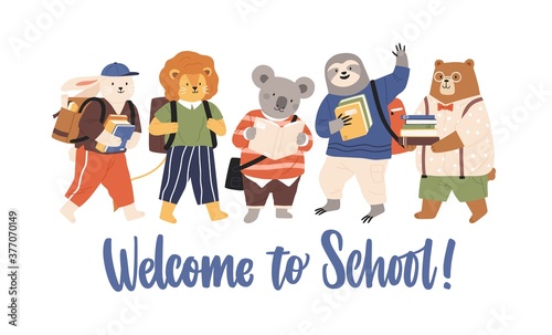 Group of cute animals carry book and backpack with inscription Welcome to school vector flat illustration. Funny animal pupils or classmates standing together isolated. Childish characters students