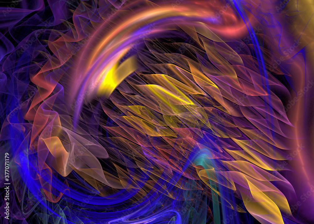 Obraz premium Blue, purple, yellow highlighted ribbons are arranged in a zigzag pattern on a dark background. 3d rendering. 3d illustration. Abstract fractal background.