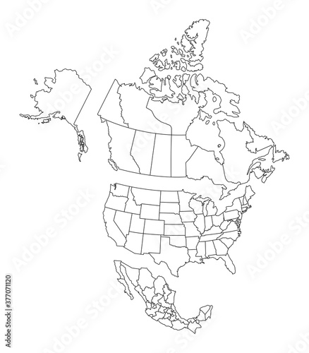Blank map of North America, with separate Canada, Usa and Mexico