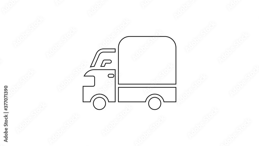 Black line Delivery cargo truck vehicle icon isolated on white background. 4K Video motion graphic animation. Black line Delivery cargo truck vehicle icon isolated on white background. 4K Video motion graphic animation.