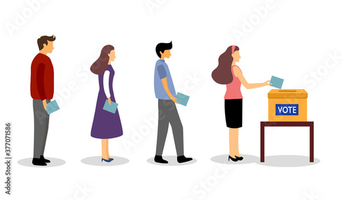 People putting a completed paper ballot into a polling box. Election Day in the country. Voting flat vector illustration.	
