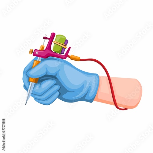 Hand wear glove and holding tattoo machine. tattoo artist symbol concept in cartoon illustration vector on white background