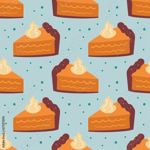 Autumn elements seamless pattern, texture. Pumpkin pie on light blue background. Cake, sweet food, baking. Thanksgiving.
