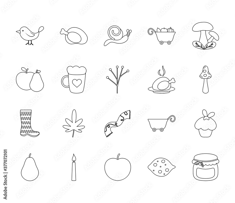 icon set of autumn and roasted chicken, line style