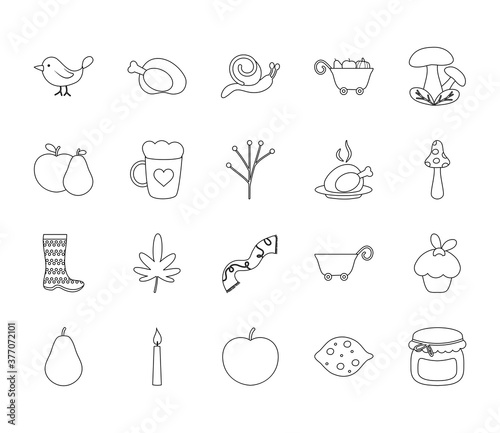 icon set of autumn and roasted chicken, line style