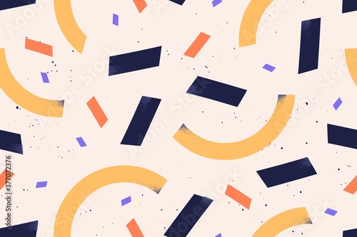 Geometric simple shapes and figures vector flat illustration. Abstract textured rectangle and semicircle decorated by spatter seamless pattern. Creative contemporary minimalistic wallpaper.