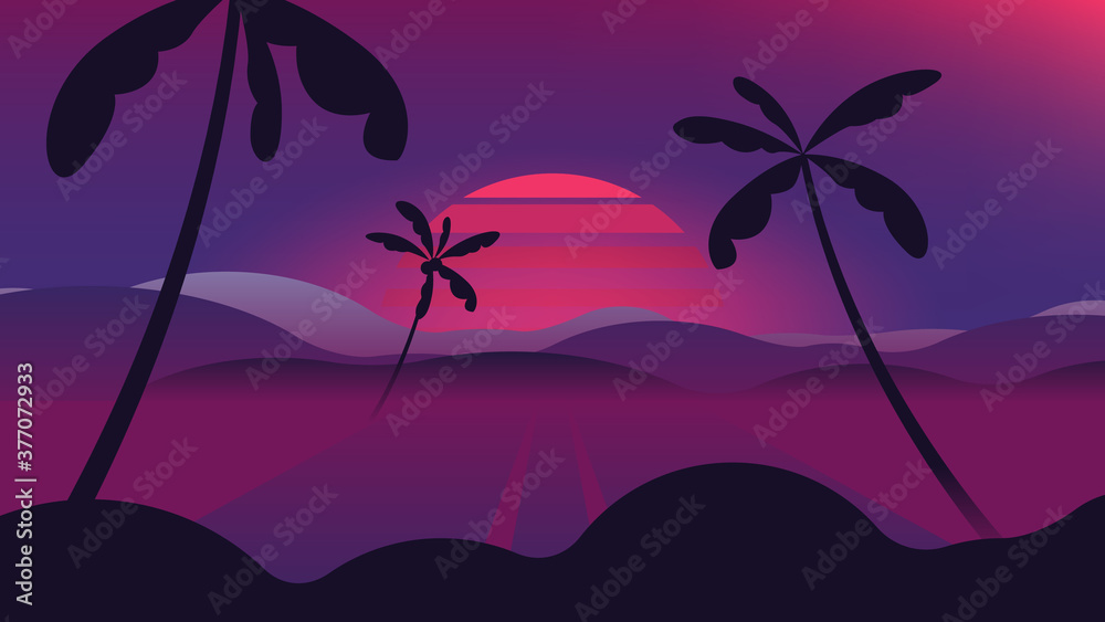 Simple landscape background, road and palm trees with sunset retro style