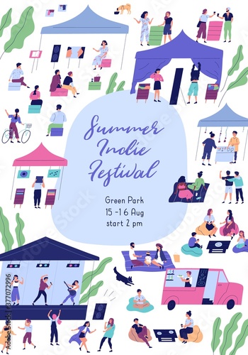 Summer indie festival colorful promo poster with place for text vector flat illustration. Announcement template of open air event with people enjoying outdoor entertainment at park isolated on white