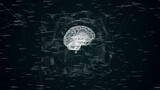 wireframe of human brain surrounded digital and geometrical noise