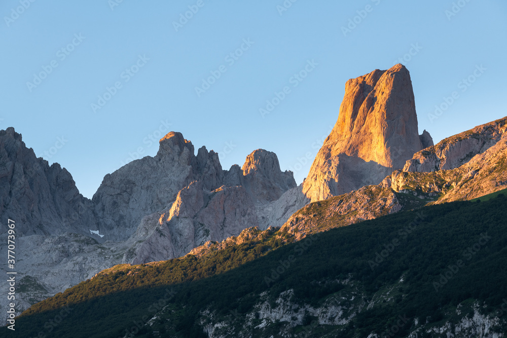 Naranjo de Bulnes, known as Picu Urriellu, from Camarmeña village at sunrise in Picos de Europa National Park, Asturias in Spain	