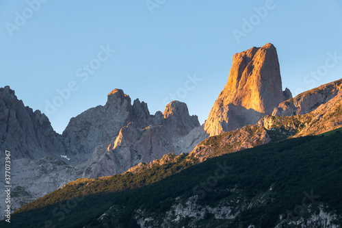 Naranjo de Bulnes, known as Picu Urriellu, from Camarmeña village at sunrise in Picos de Europa National Park, Asturias in Spain 