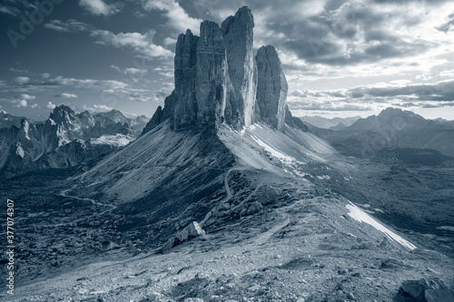 Obraz na płótnie Three Peaks of Lavaredo. Toned image of Italian Dolomites with famous Three Peaks of Lavaredo (Tre Cime di Lavaredo) South Tyrol, Italy, Europe at summer sunset. w salonie