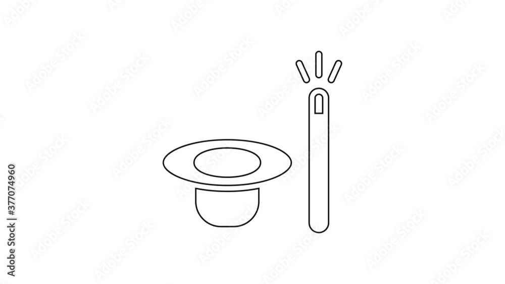 Black line Magic hat and wand icon isolated on white background. Magic trick. Mystery entertainment concept. 4K Video motion graphic animation. Black line Magic hat and wand icon isolated on white background. Magic trick. Mystery entertainment concept. 4K Video motion graphic animation.