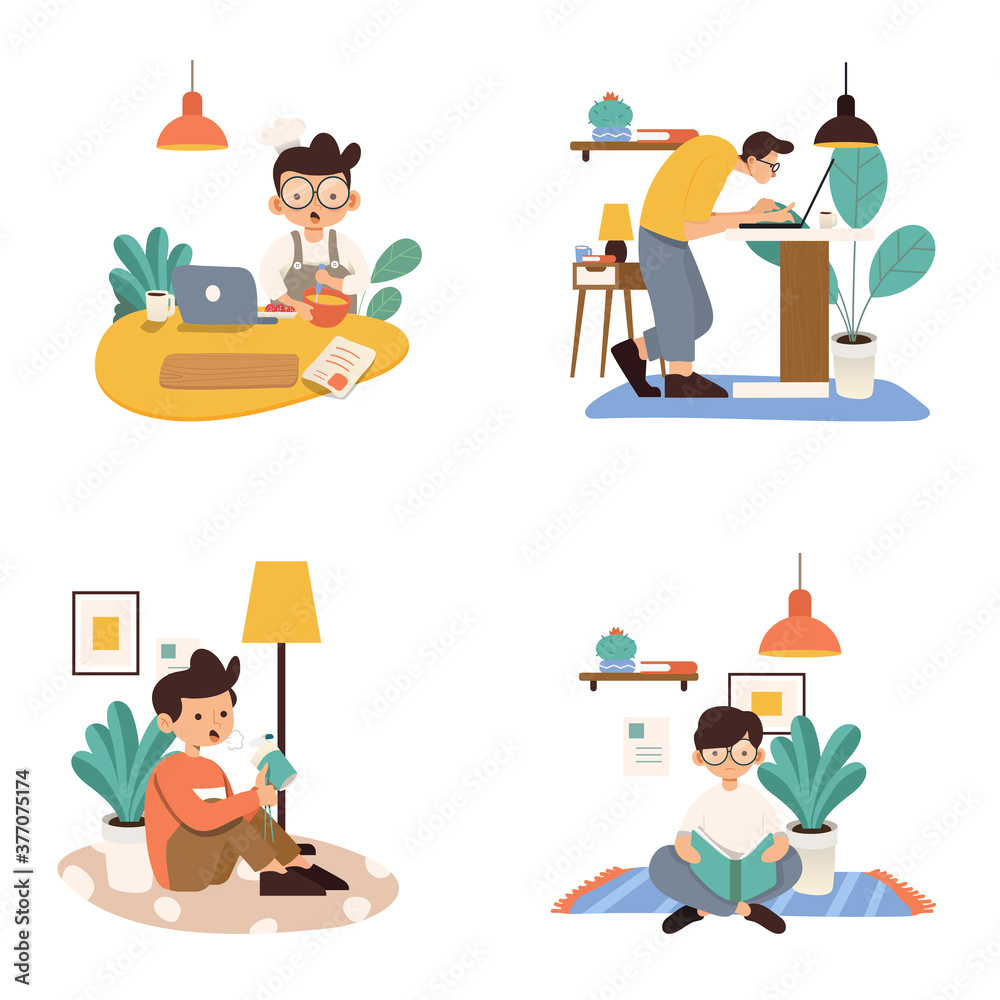 Working at home, concept illustration. Freelance people working on laptops and computers from home. Flat style vector illustration of character working from home.