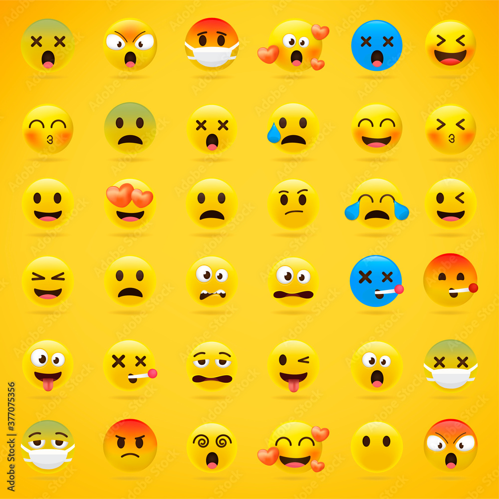 Cartoon emoji collection. Set of emoticons with different mood. 3d style vector illustration isolated on yellow background. Cartoon emoji collection. Set of emoticons with different mood. 3d style vector illustration isolated on yellow background.