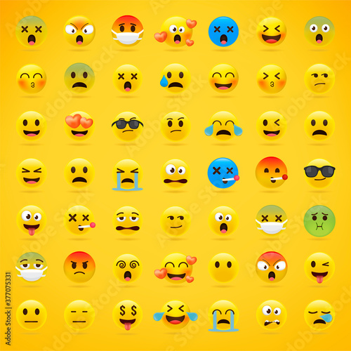Fototapeta Naklejka Na Ścianę i Meble -  Cartoon emoji collection. Set of emoticons with different mood. 3d style vector illustration isolated on yellow background.