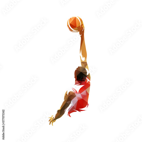 Basketball player shooting ball, isolated low polygonal vector illustration. Geometrci basketball logo from triangles