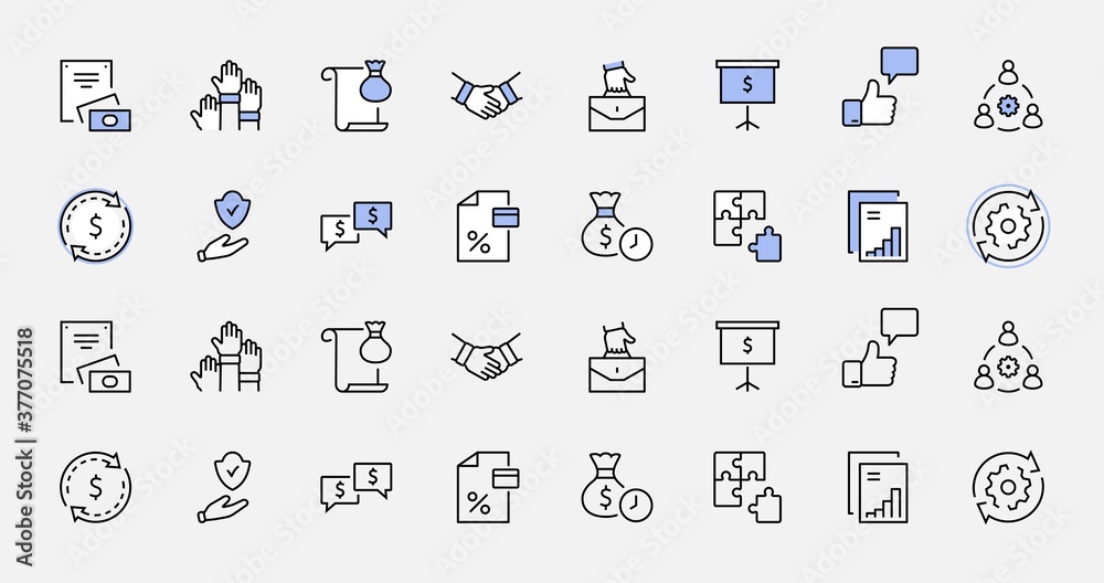 Obraz premium Set of Business Cooperation Vector Line Icons. Contains such Icons as Puzzle, Partnership, Money, Handshake, Dollars, Team, Synergy, Work, Interaction and more.Editable Stroke. 32x32 Pixel Perfect.