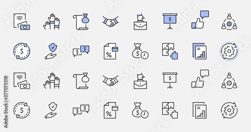 Set of Business Cooperation Vector Line Icons. Contains such Icons as Puzzle, Partnership, Money, Handshake, Dollars, Team, Synergy, Work, Interaction and more.Editable Stroke. 32x32 Pixel Perfect.