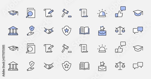 Set of Law and justice Vector Line Icons. Contains such Icons as weapon, arrest, authority, courthouse, gavel, legal, weapon and more. Editable stroke. 32x32 Pixels