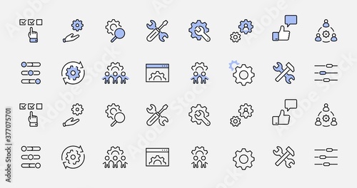 Set of Settings and Setup Vector Line Icons. Contains such Icons as Gear, Setting, Control, Iinstall, Options, Service, and more. Editable Stroke. 32x32 Pixels.