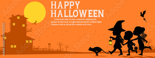Many kids are traveling in the Halloween night. There are 3 unique layer (black,dark orange,yellow) on orange background. Easy to change color which you want
