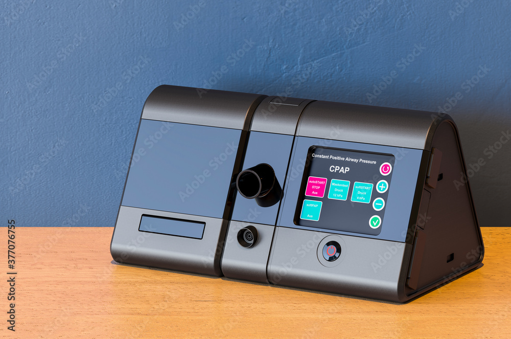 CPAP Machine on the wooden table. 3D rendering CPAP Machine on the wooden table. 3D rendering