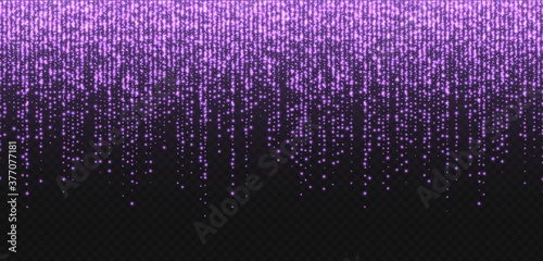 Glitter rain, purple stardust, bright violet sparkles isolated on a dark background. Valentine's Day decoration, abstract falling shiny particles, isolated vector light effect. Luxury decor.