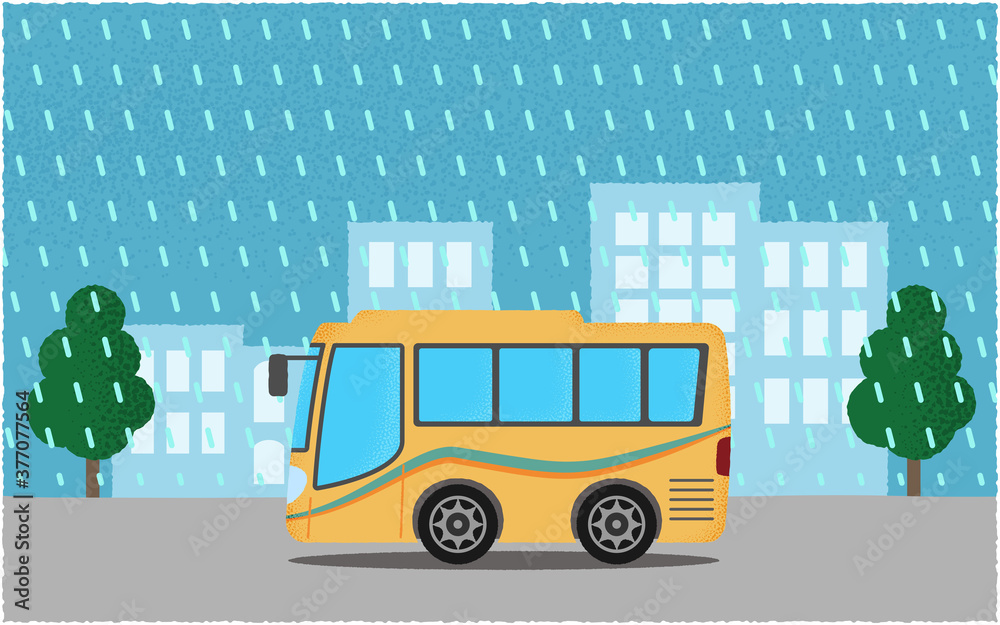 豪雨の中 都市の道路を進む黄色い観光バスのベクターイラスト Stock Vector Adobe Stock