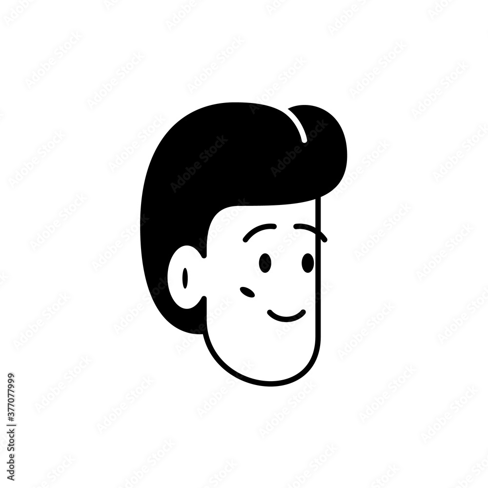 Portrait of a smiling boy. Vector black and white illustration of a face of a happy smiling boy with a stylish haircut. Simple icon image of mans face to use as an avatar or character portrait Portrait of a smiling boy. Vector black and white illustration of a face of a happy smiling boy with a stylish haircut. Simple icon image of mans face to use as an avatar or character portrait