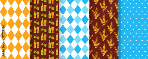 Oktoberfest seamless pattern. Octoberfest background. Vector. Textures with beer, rhombus, wheat, hop and polka dot. Set of Bavarian diamond prints. Germany traditional wallpaper. Color illustration