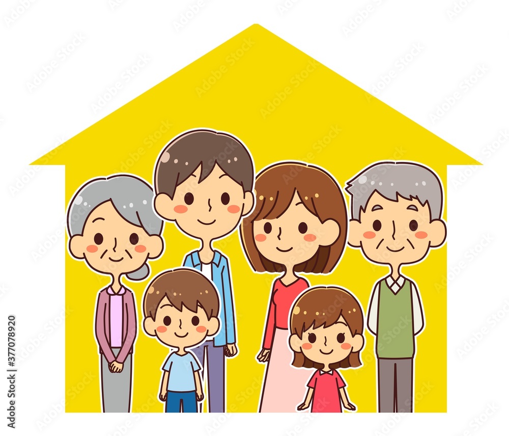 家と6人家族のイラスト