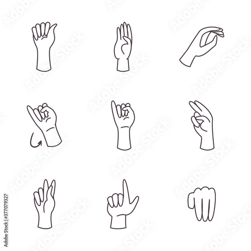 hand sign language alphabet line style icon set vector design