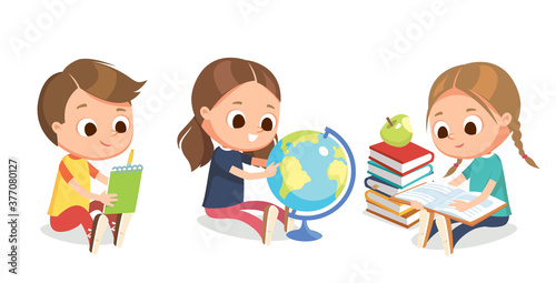Vector set of kids school children with books. Education vector. Set of kids children teenagers characters in different poses, clothes , wear. Children fashion models, Kids apparel.