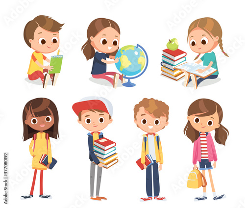 Vector set of kids school children with books. Education vector. Set of kids children teenagers characters in different poses, clothes , wear. Children fashion models, Kids apparel.