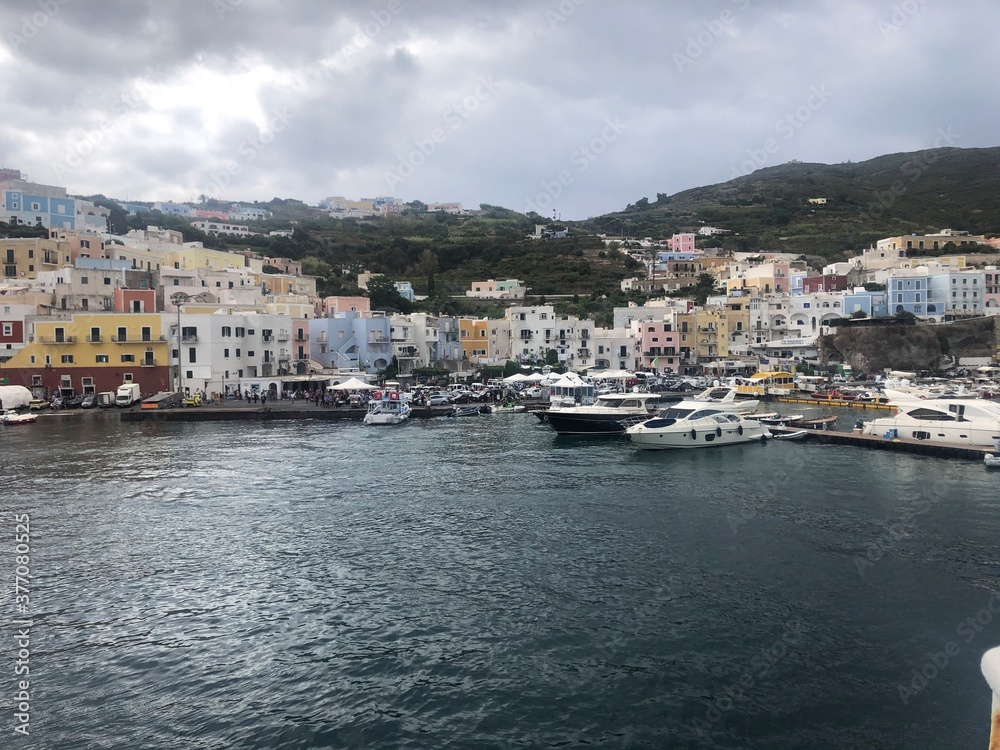 Island of Ponza, Lazio, Italy, viewed from the boat in the sea.