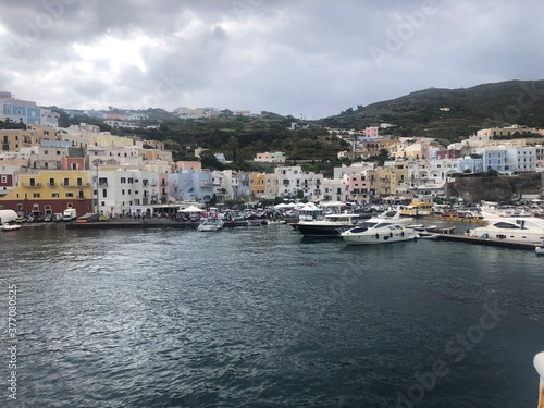 Island of Ponza, Lazio, Italy, viewed from the boat in the sea.