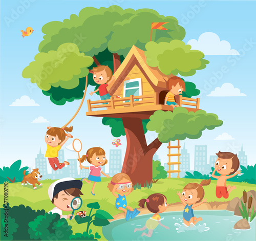 Children kids play hanging out arond tree house, tree fort, treeshed summer camp activities leisure. Child hangout. Children fooling around, having fun in fine good mood outdoors adventures.