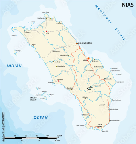 road vector map of indonesian island of nias, indonesia photo